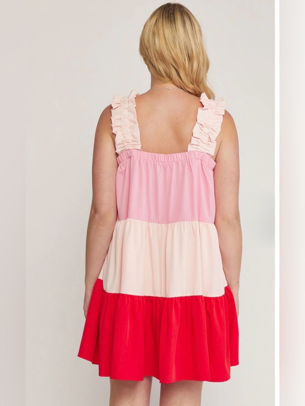 Entro Color Block Tiered Babydoll Mini Dress Pink Red - Picture 4 of 10